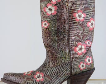 Durango Floral Embroidered Cowboy Boots Faux Snakeskin Cowboy Boots Size 7 US Leather Upper Brown Pink White 2.5" Heel Vegan