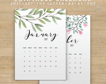 Printable Calendar 2017, Floral Calendar Printable Planner 2017 PDF, A4 UsLetter A5 Calendar Printable Wall Calendar Flower Instant Download