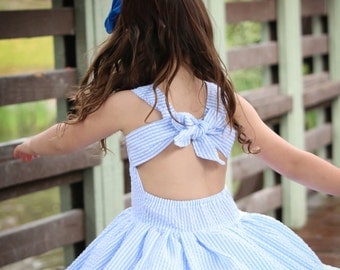 baby girl toddler dress girls dresses blue white striped seersucker white eyelet full skirt pageant sassy open back big bow classic girly