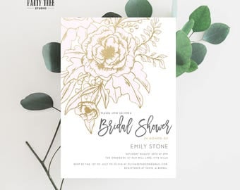 Gold Floral and Pink Bridal Shower Invitation , Printable Floral Bridal Shower Invitation , Bridal Shower Thank You Card