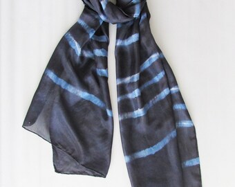 Silk scarf Indigo stripey scarf Habotai scarf Gifts for her Handdyed scarf Bohemian trend Tie dye clothing Trendy boho scarf INDI0165