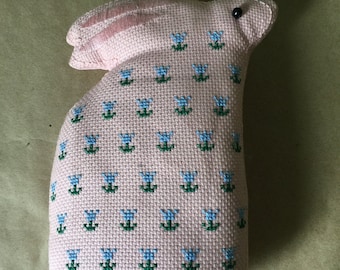 Pink Bunny Rabbit Pillow with Blue Floral Cross Stitch Easter Pillow Doll