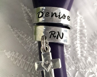 Stethoscope Name Tag with a Charm, Stethoscope ID Tag, ID Tag with a Cross Charm, Nurse Gift, Doctor Gift, Personalized Stethoscope Ring