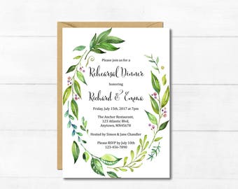 Botanical Rehearsal Dinner Invitation, Printable Greenery Rehearsal Dinner Invite, Foliage Wreath DIY Rehearsal Dinner Invite Download 105-A