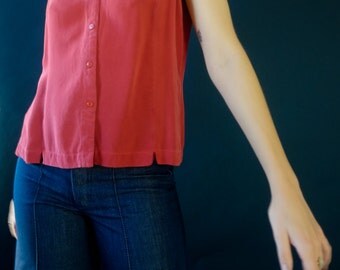 Red Silk Button Down Blouse / sleeveless top / minimal / s / m