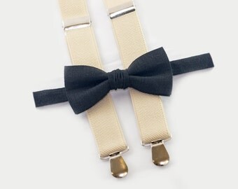 bow tie and suspenders for boys, black bow tie & beige suspenders, ringbearer outfit