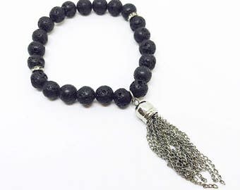 Lava Rock Diffuser Bracelet, Silver Chain Tassel, Aromatherapy, Beaded Lava Bracelet, Lava Rock Bracelet, Bracelet Diffuser, Oil Diffuser
