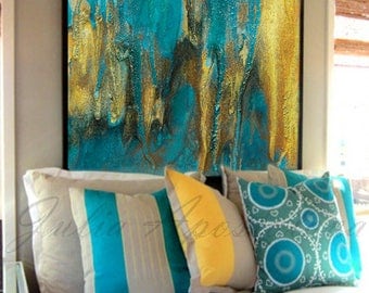 Ready to Hang, Emerald and Gold, Abstract Painting, Fine Art Print, 45x45 inch, Turquoise Wall Decor, Watercolor, Large Wall Art, Modern Art