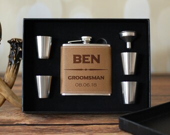 Leather Groomsmen Flask Set, Groomsman Gift Box, Personalized Gift Box, Will You Be My Groomsman, Wedding Party Favors, Leather Flasks Set