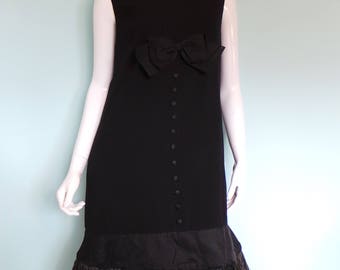 60s Black Cocktail Dress with Ostrich Feather Trim, Vintage Evening Dress with Bows & Buttons, Noir Feather LBD, by Young Mayfair, Medium