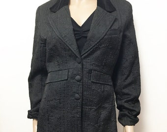 90s Vintage Black Tailored Tuxedo Jacket Womens M L / Velvet Notch Collar, Silver Button Down Charcoal Black Tuxedo Jacket Women M L Blazer