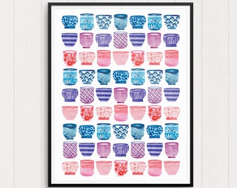 Teacups Illustration, Watercolor Art Print, Giclee Print, Kitchen Decor, Handpainted Teacups, Asian Teacup Art Print, Scandinavian design