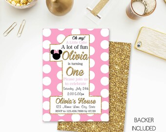 Minnie Mouse Birthday Invitation , light pink gold, black, polka dots, white, First Birthday, Minnie Mouse Birthday Party, digital, MN006