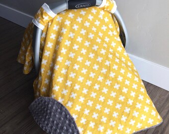 Car Seat Canopy | Mustard Yellow Car Seat Cover, White Plus Signs Crosses Dark Gray Minky Gender Neutral Carseat Canopy Boy Car Seat Canopy