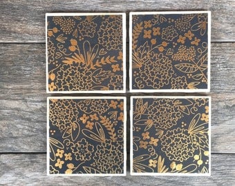 Gray and Gold Metallic Floral Pattern Coasters