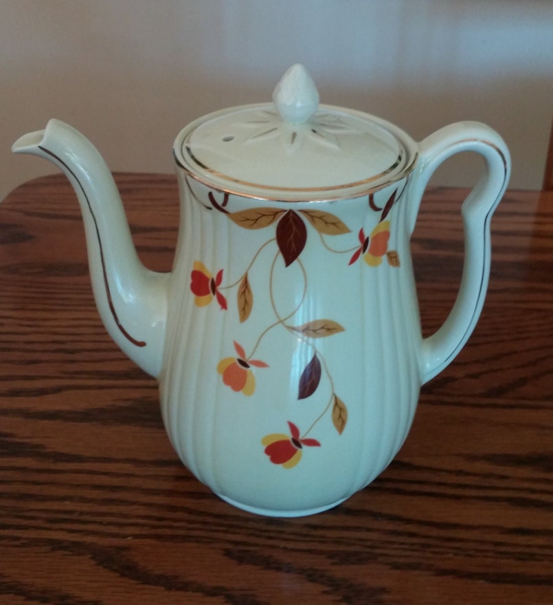 Antique Hall Teapot or Coffee Pot Jewel Autumn Leaf with Long