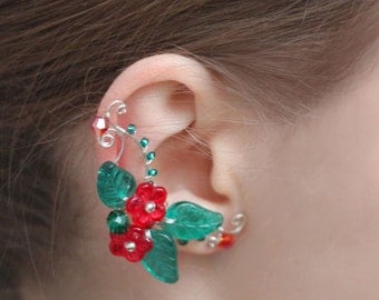 Silver ear cuff Red flower earrings Floral earcuff Fairy Green leaf Nature style Ear wrap jacket Non pierced Bohemian jewelry Gift for her
