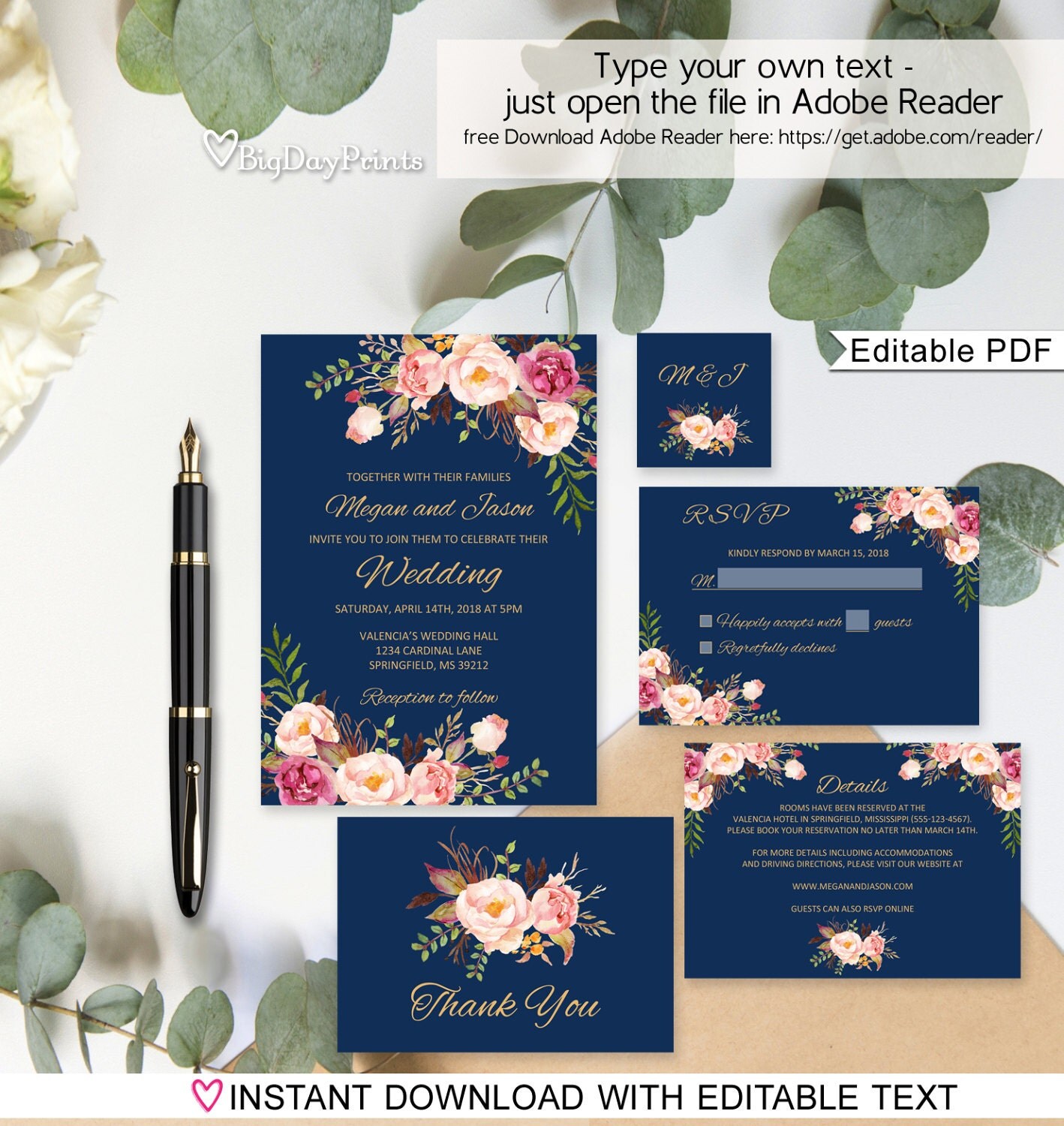Boho Wedding Invite Navy Wedding Invitation Template Boho Chic Suite Fl Set A011a Editable You Personalize At Home