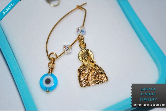 Madona Baby Brooch Sterling Silver Gold plated Swarovski Crystals Blue Eye Handmade Jewelry Baptism Birthday Mother Newborn girl boy kids