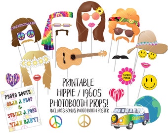 Hippie 1960s Photo Booth Props Sixties Printable Photobooth Sign Wedding Swinging 60s Flower Child Peace Love Woodstock Van Birthday Party