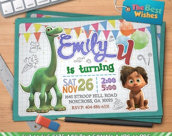 Good Dinosaur Invitation, Good Dinosaur Birthday Party, Cartoon, Personalized, Printable, Ballpoint Pen Drawing On Grid Paper, Digital File