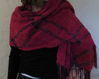 Hand-Woven Hot Pink and Gray Chenille Rectangle Shawl