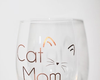 Cat Mom Stemless 21 Ounce Wine Glass | Copper/Gold/Rose Gold Lettering Options | Whiskers & Cat Ears | Mother's Day Gift | Cat Lover Present