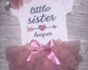 Little Sister Outfit | Rose Gold Glitter | Baby Girl Clothing | Baby Shower Gift | Take Home Outfit | New Sibling Outfit | New Baby Girl