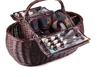 Hand-woven Willow Picnic Basket for Four | Date Night, Willow Picnic Basket Set, Anniversary Gift, Personalized Picnic Basket, Romantic Gift