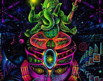 Psy backdrop GANESHA UV Fluorescent Blacklight psychedelic wall hanging hippie goa Tapestry, indian, cosmos, festival banner