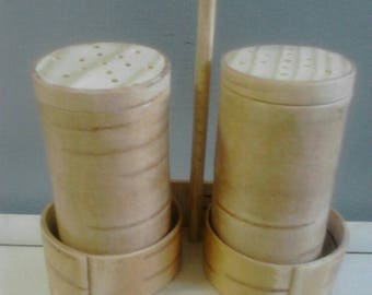Salt and pepper cellars made of birch bark