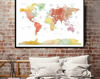 Soft Color World Map Poster Print, Custom Wall Art World Map Push Pin Travel Poster Canvas Print, Push Pin World Map, World Map Travel Print
