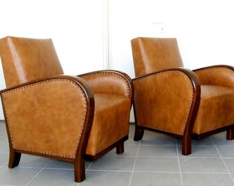 Art Deco Leather Armchairs Pair, Leather Club Chairs, Cocktail Chairs. Vintage 1920s Art Deco.