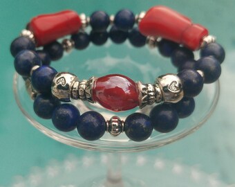 Bracelets in red and blue stones (duo)