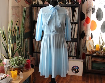 vintage powder blue dress . sheer secretary dress with pussybow & pleated skirt . womens size large