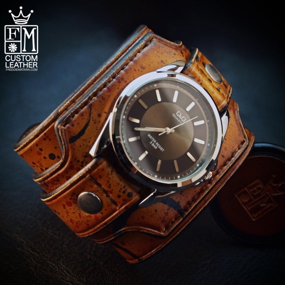 Leather cuff watch Drake Uncharted style wide layered wristband Brown distressed destroyed bracelet made for YOU in NYC by Freddie Matara!