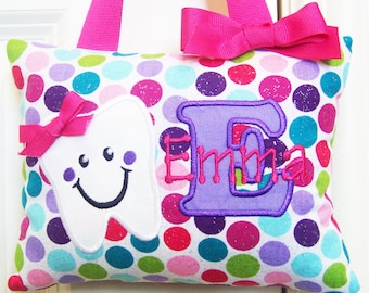 Tooth Fairy Pillow, Girls Personalized, Boutique, Custom Made, Optional Tooth Chart, Glitter Polka Dots