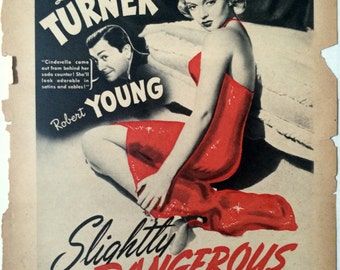 Original Vintage Film Noir "Slightly Dangerous" Lana Turner, Photoplay Magazine Film Trade Ad Illustration, 1943