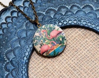 Flamingo Locket Necklace, Bird Necklace, Flamingo Pendant, Pink Bird Jewelry