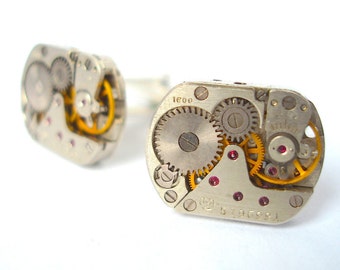 Valentines Day Gift Steampunk Cufflinks with Rubies, Watch Cufflinks, Watch Movement Cufflinks, Handmade silver plated