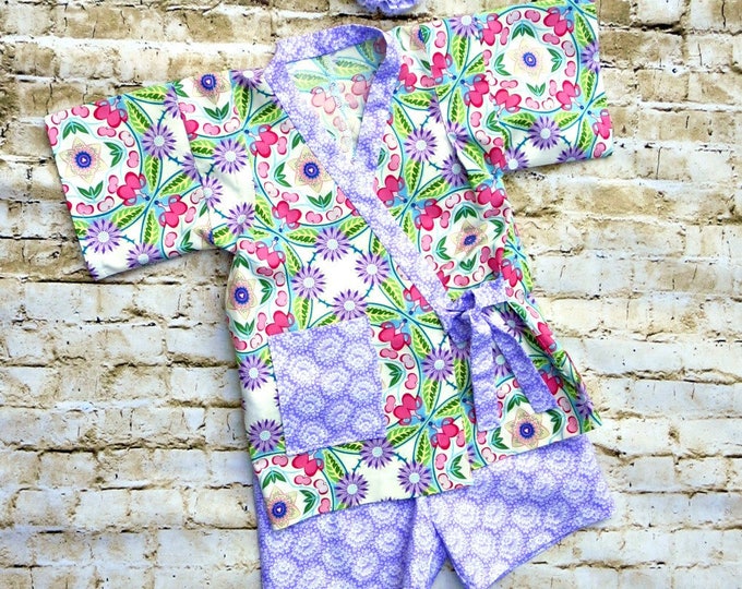 Little Girls Shorts Set - Kids Kimono - Toddler Girl Clothes - Purple - Birthday Outfit - Hospital - Boutique - sizes 2T to 10 years