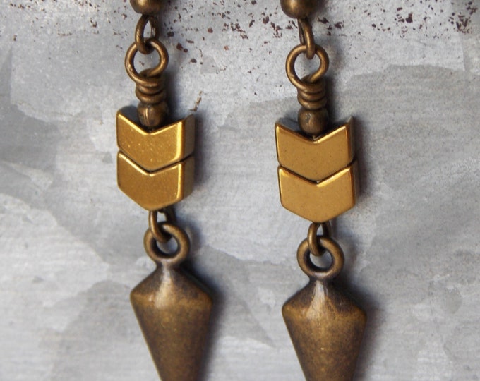 Boho Earrings Little Arrow Chevron Earrings Dainty Light Brass Spike Dangle Drop Boho Woodland Jewelry Gift