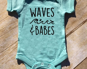 Waves & Babes one-piece. Beach Babe. Beach Baby. Spring Break baby outfit. Beach Baby Outfit. Waves and Babes. Fast shipping!