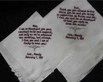 2 Wedding handkerchiefs - FREE SHIPPING - each under 40 words -beautiful mix and match - Your saying