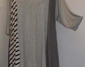 Coco and Juan, Plus Size Tunic, Asymmetrical Tunic Top, Gray, Black, White, Multi Stripe Knit, #1 Size 2 (fits 3X,4X) Bust 60 inches