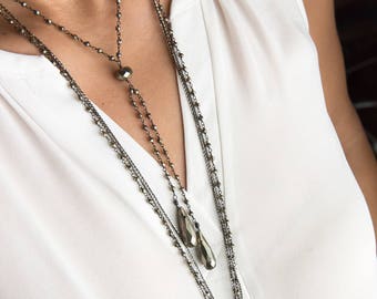 Pyrite Necklace, Pyrite Pendant, Lariat Necklace Pyrite Jewelry, Y Necklace Gemstone, Fool's Gold, Drop Necklace, Oxidized Silver, Layering
