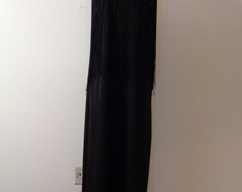 Vintage 70s Black Knit Long Black Fringed Top Skinny Shoulder Strap Mod GoGo Column Maxi Dress Sz M