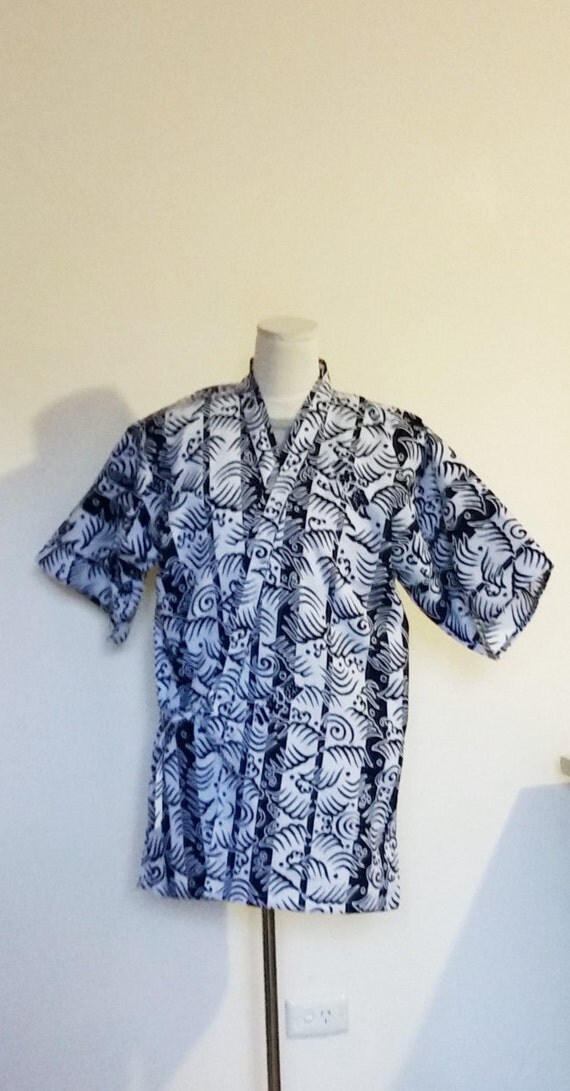 Men's KIMONO top JINBEI indigo navy white sumo YUKATA wave