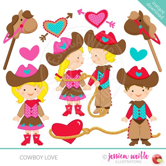 Cowboy Love Cute Digital Clipart - Commercial Use OK - Valentine Cowboy Clipart, Valentine Clipart, Valentine Cowgirl Il_570xn