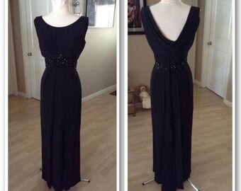Vintage late 50s early 60s Emma Domb gown with waterfall collar and sequin embellishment